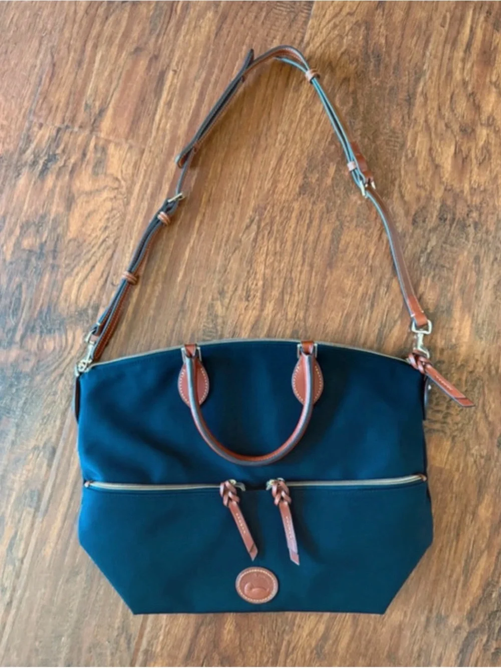 Dooney & Bourke Navy Shoulder Satchel with Brown Leather Trim